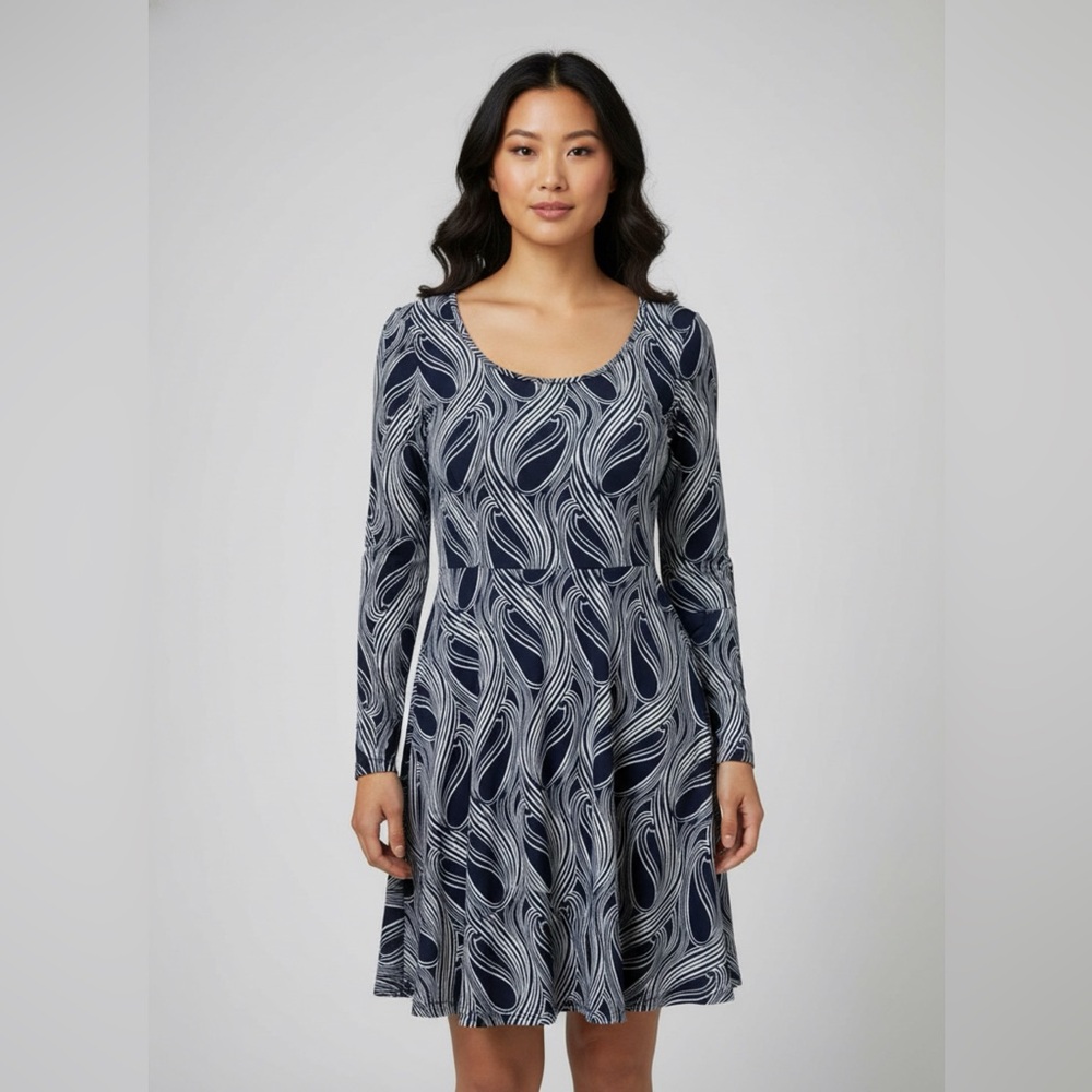Michael Kors Navy Graphic Print Fit & Flare Dress Womens sz Medium M Exc Cond - Picture 4 of 8